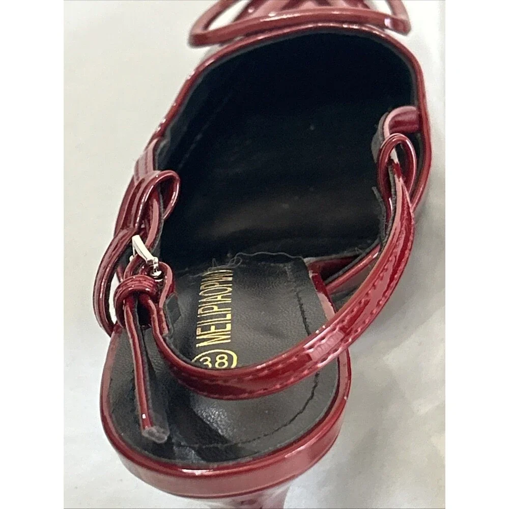 Cherry Red Patent Leather, Pointed Toe, V-Logo Slingback Pumps Sz 38